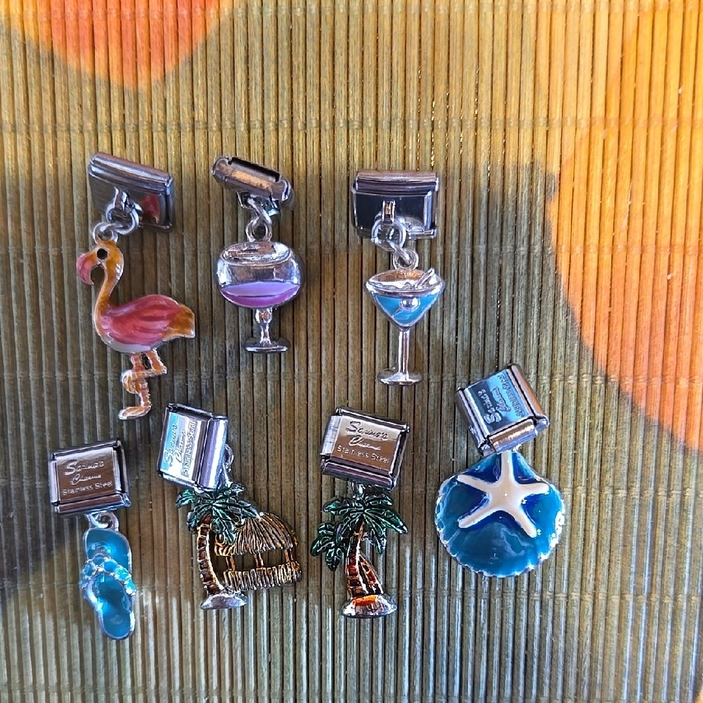 Tropical Themed Silver and Blue Wine Charms Set